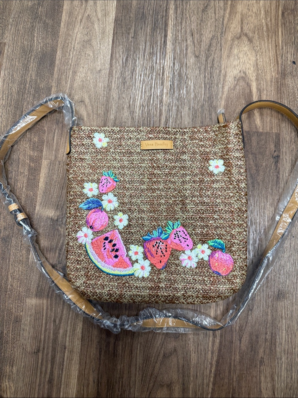 Vera Bradley Brown Straw Crossbody with Pink Fruit Embroidery